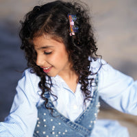 Girls Blue Pinstripe Long Sleeve Shirt Dress With Denim Vest Casual Dresses
