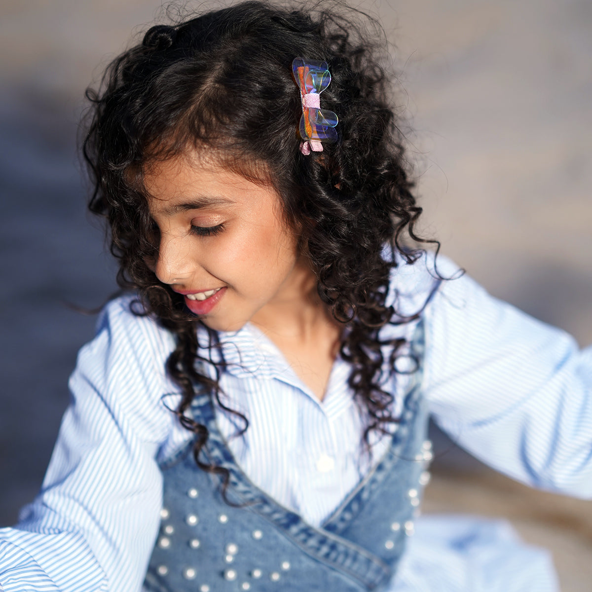 Girls Blue Pinstripe Long Sleeve Shirt Dress With Denim Vest Casual Dresses