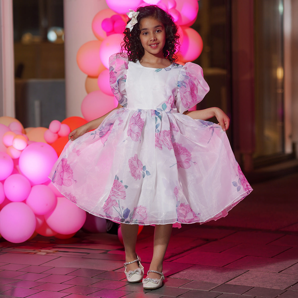 Girls White Floral Printed Knee Length Party Dress with Statement Back Bow Party Dresses White 3-4 Y