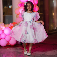 Girls White Floral Printed Knee Length Party Dress with Statement Back Bow Party Dresses White 3-4 Y