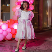 Girls White Floral Printed Knee Length Party Dress with Statement Back Bow Party Dresses