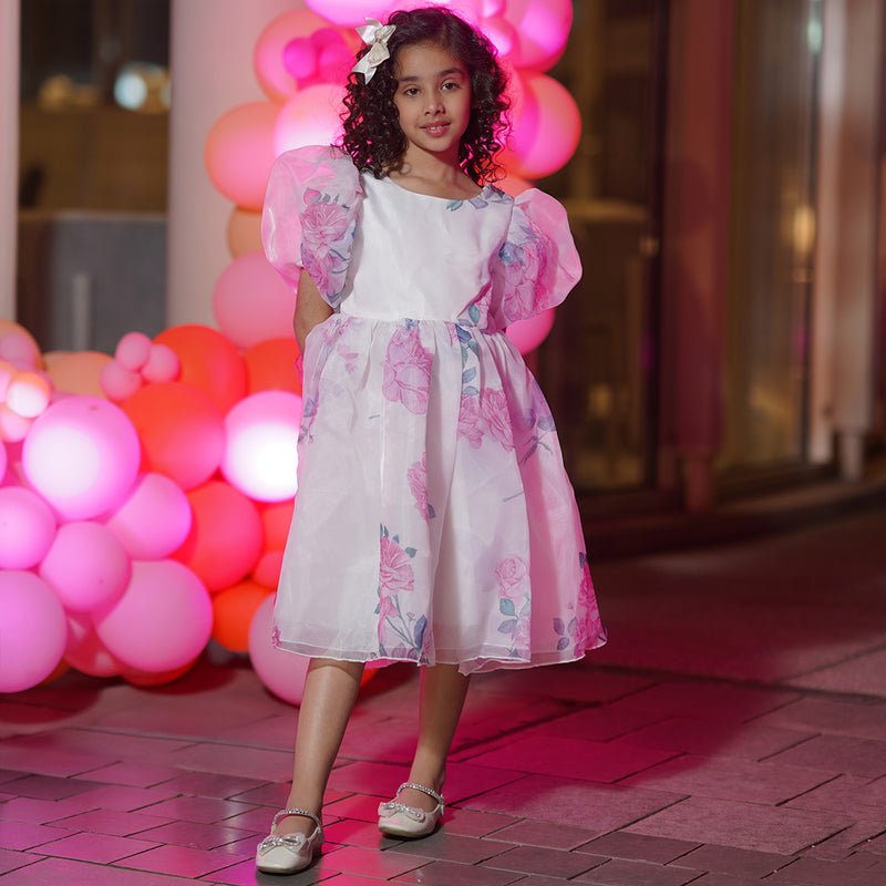 Girls White Floral Printed Knee Length Party Dress with Statement Back Bow Party Dresses
