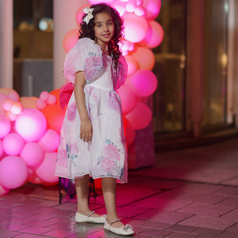 Girls White Floral Printed Knee Length Party Dress with Statement Back Bow Party Dresses
