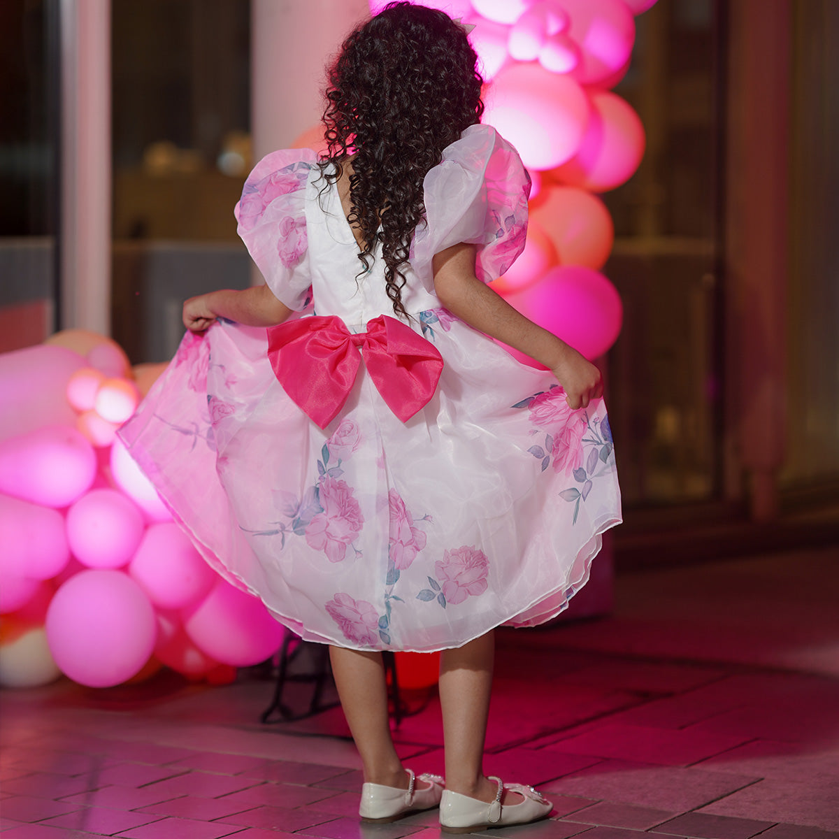 Girls White Floral Printed Knee Length Party Dress with Statement Back Bow Party Dresses