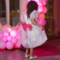 Girls White Floral Printed Knee Length Party Dress with Statement Back Bow Party Dresses
