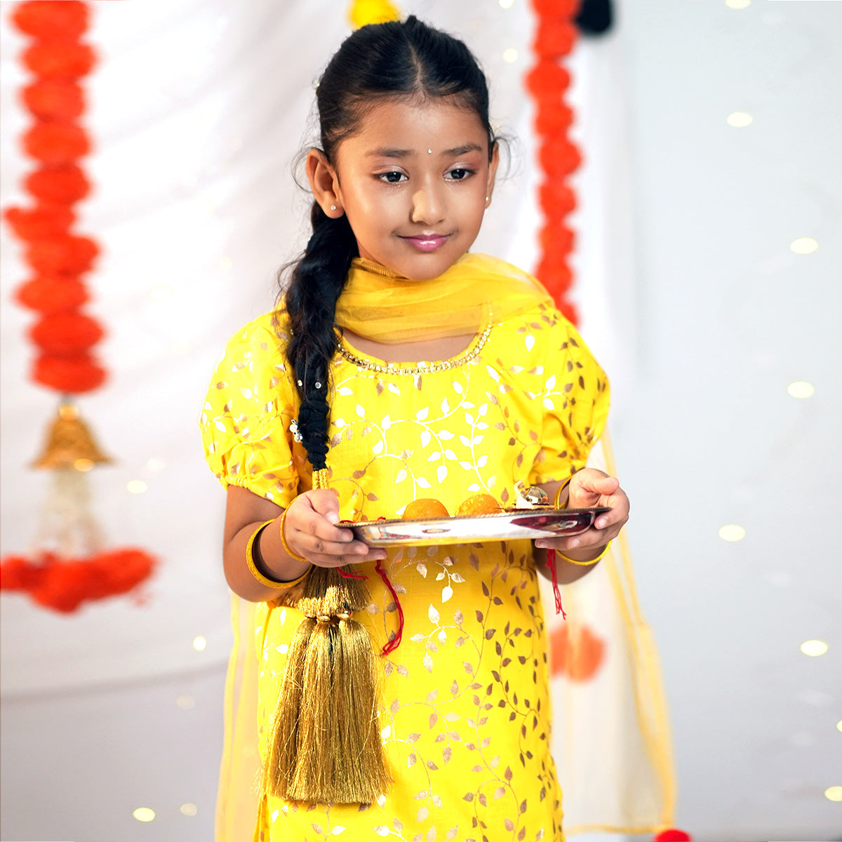 Girls Foil Print Kurta With Sharara & Dupatta Set Ethnicwear Girls