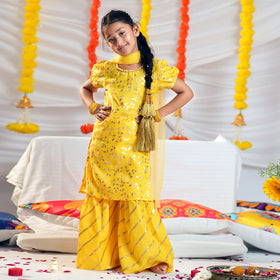 Girls Foil Print Kurta With Sharara & Dupatta Set Ethnicwear Girls