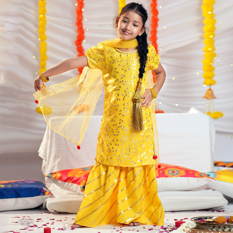 Girls Foil Print Kurta With Sharara & Dupatta Set Ethnicwear Girls