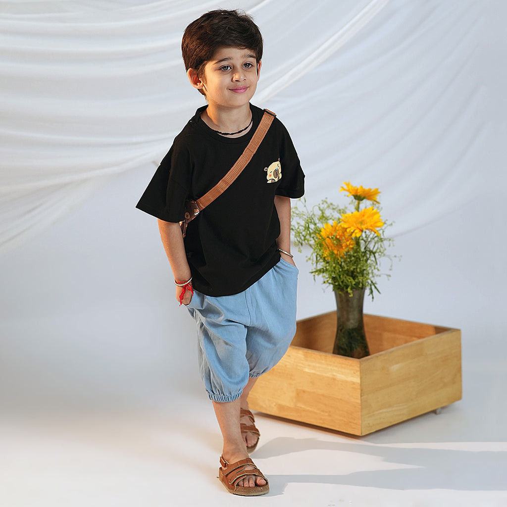 Boys Black Short Sleeves T-Shirt With Denim Pants And Sling Bag Set 3 pc. Sets