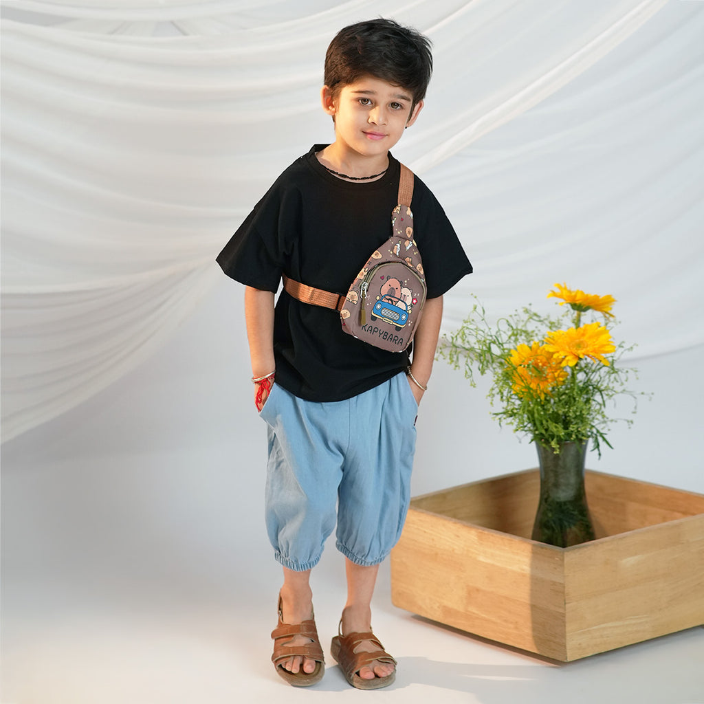 Boys Black Short Sleeves T-Shirt With Denim Pants And Sling Bag Set 3 pc. Sets