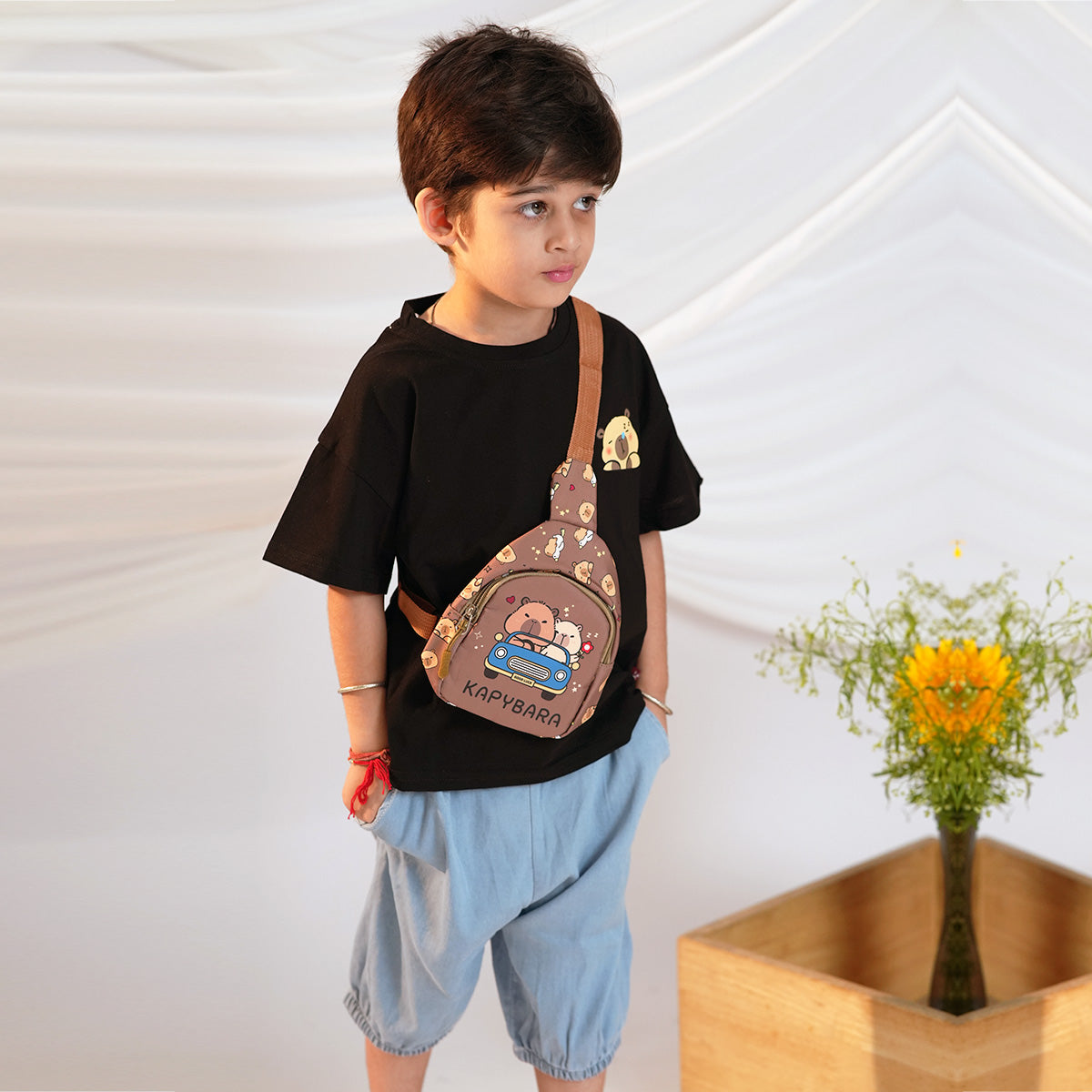 Boys Black Short Sleeves T-Shirt With Denim Pants And Sling Bag Set 3 pc. Sets