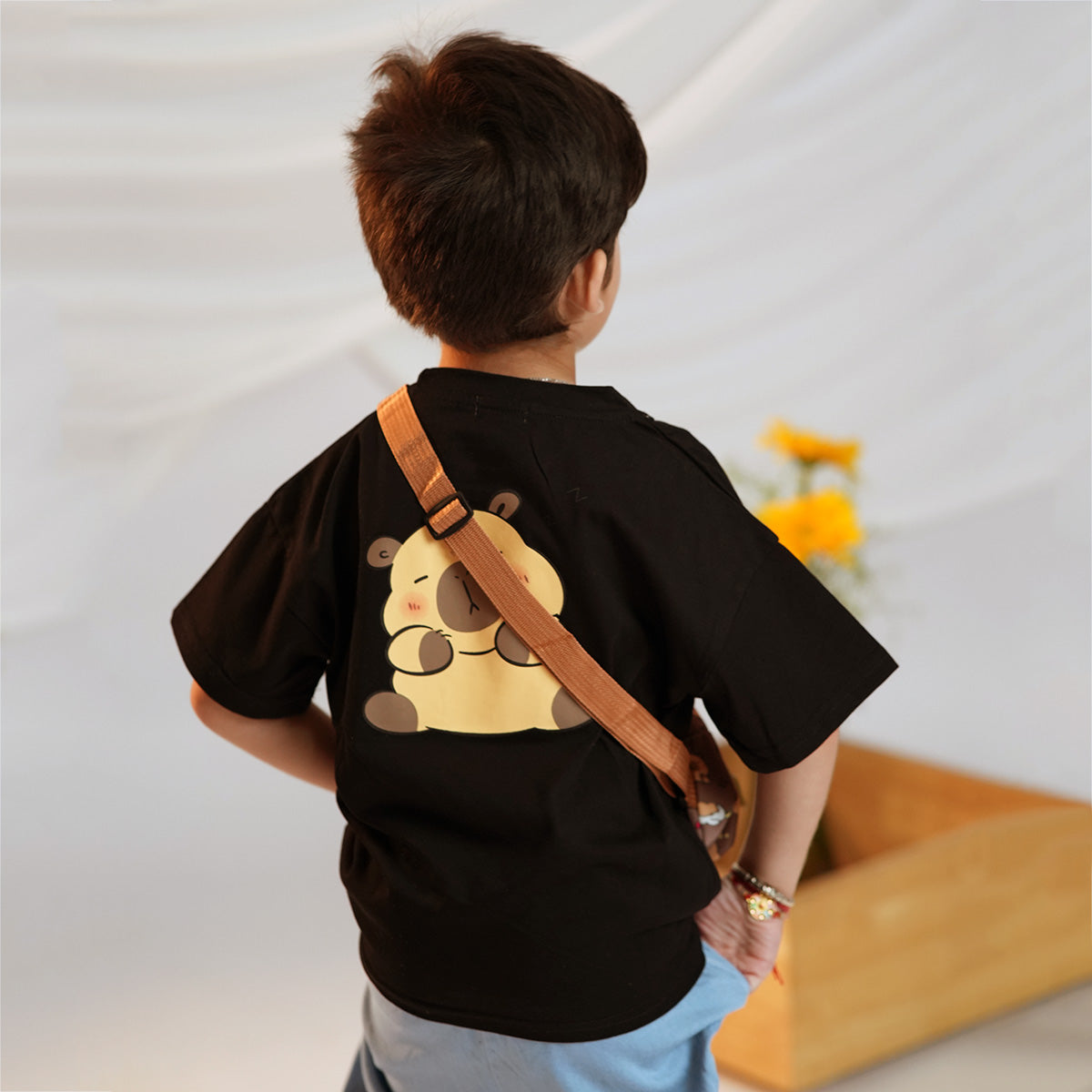 Boys Black Short Sleeves T-Shirt With Denim Pants And Sling Bag Set 3 pc. Sets