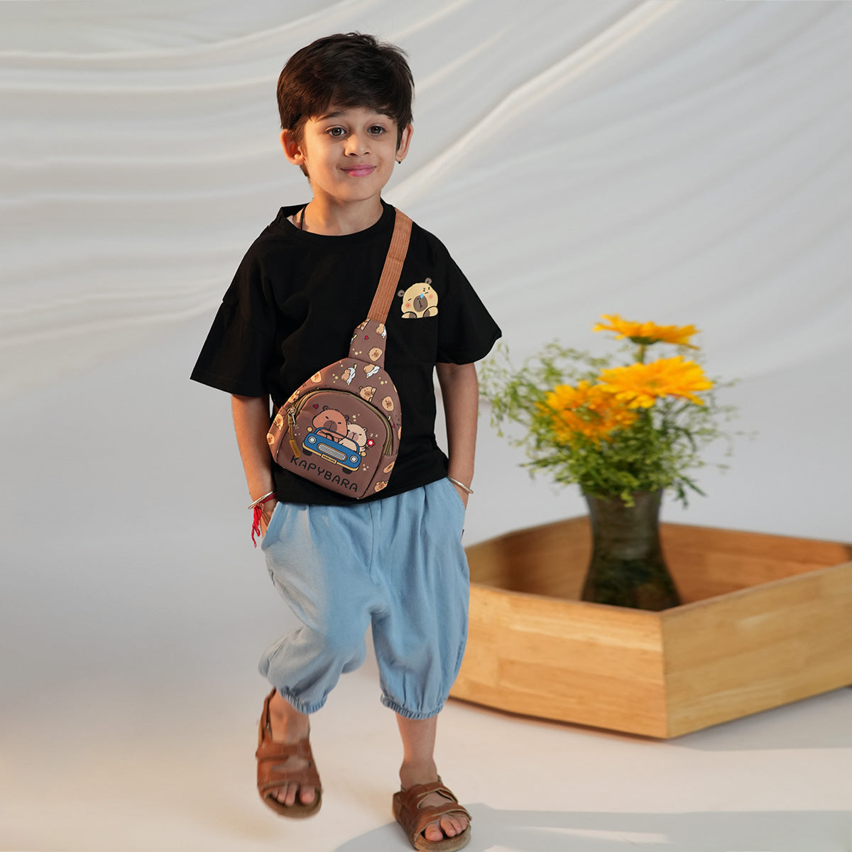 Boys Black Short Sleeves T-Shirt With Denim Pants And Sling Bag Set 3 pc. Sets