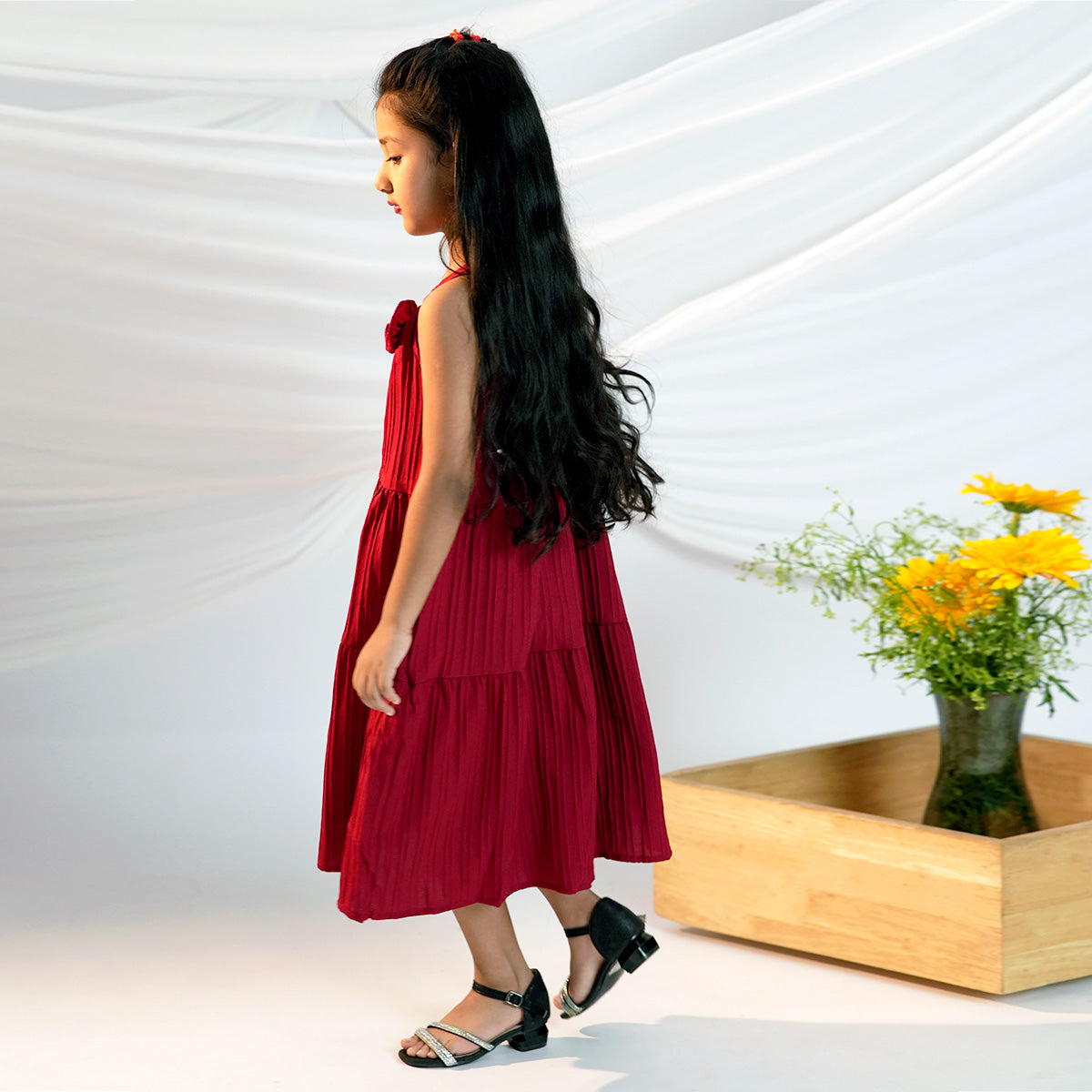 Girls Maroon Texture Panelled Halter Neck A-line Dress Casual Dresses