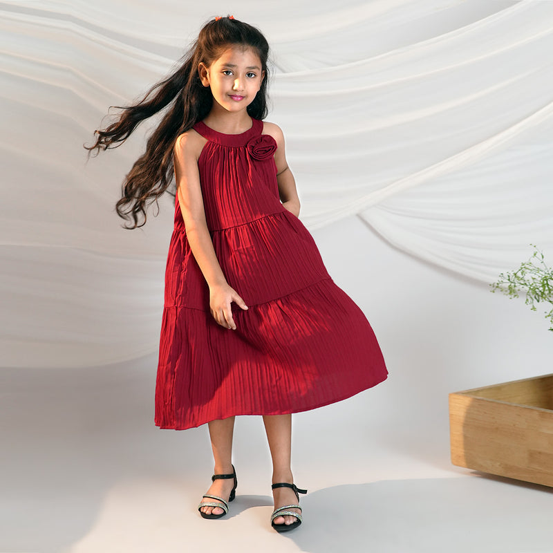 Girls Maroon Texture Panelled Halter Neck A-line Dress Casual Dresses