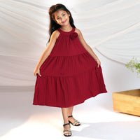 Girls Maroon Texture Panelled Halter Neck A-line Dress Casual Dresses