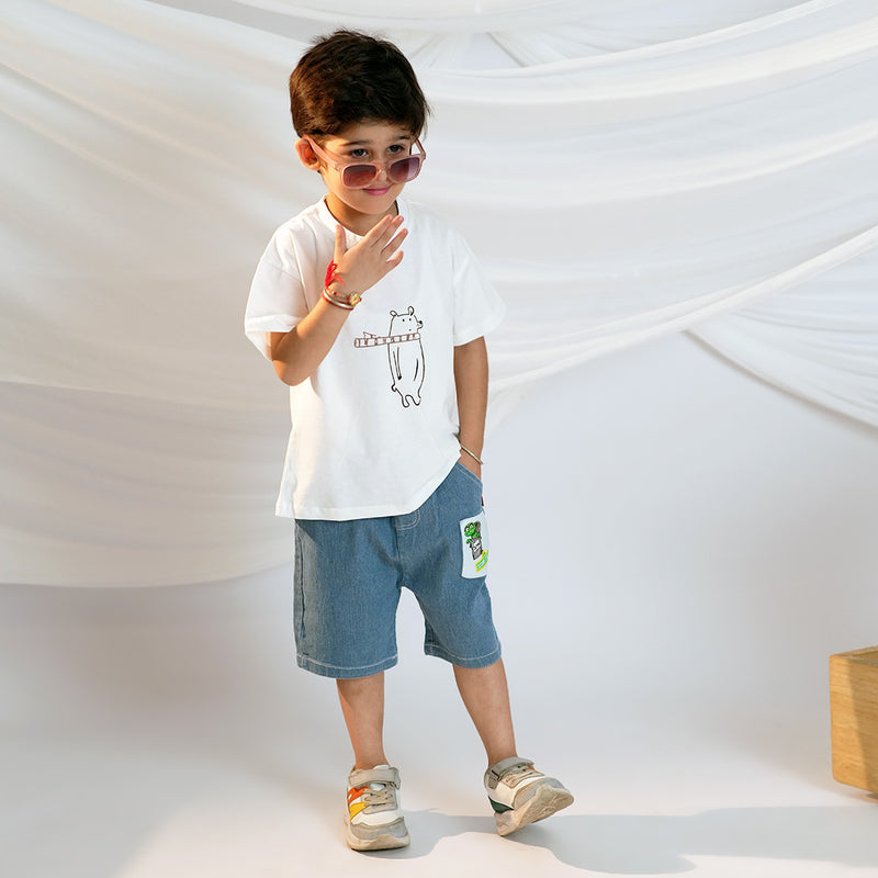 Boys Short Sleeve Graphic White T-Shirt With Denim Shorts Set Sets