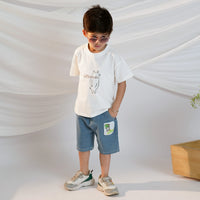 Boys Short Sleeve Graphic White T-Shirt With Denim Shorts Set Sets
