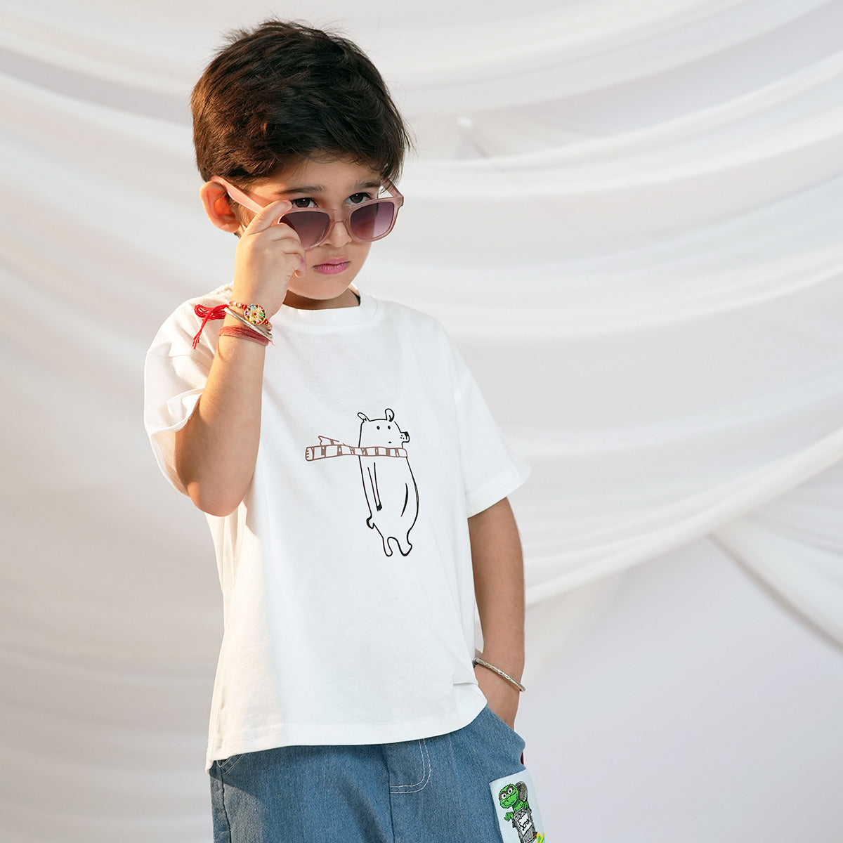 Boys Short Sleeve Graphic White T-Shirt With Denim Shorts Set Sets