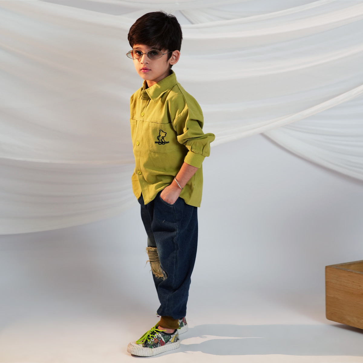 Boys Green Long Sleeves Shirt With Distress Denim Jeans Set Sets