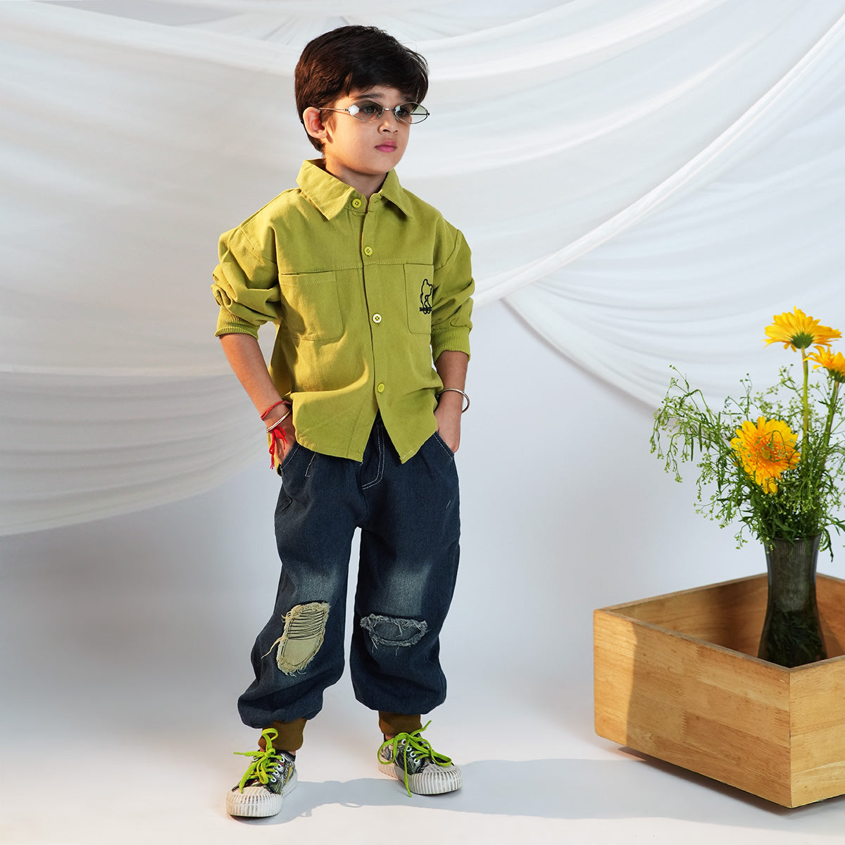 Boys Green Long Sleeves Shirt With Distress Denim Jeans Set Sets