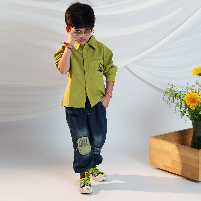 Boys Green Long Sleeves Shirt With Distress Denim Jeans Set Sets