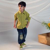 Boys Green Long Sleeves Shirt With Distress Denim Jeans Set Sets Green 1-2 Y