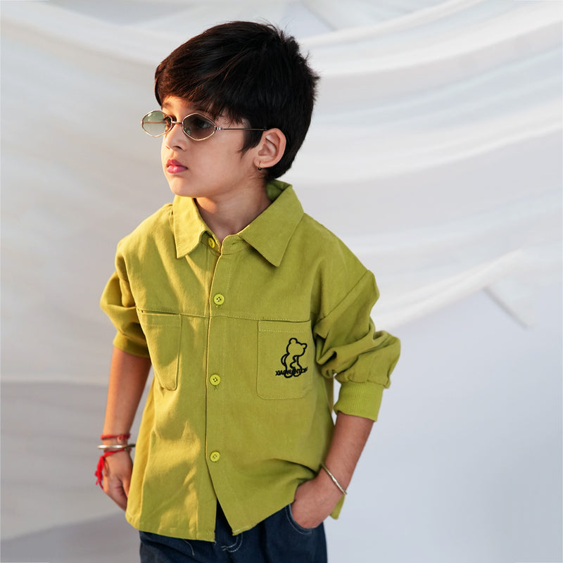Boys Green Long Sleeves Shirt With Distress Denim Jeans Set Sets