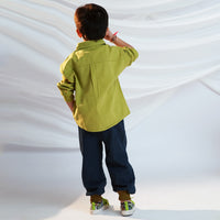 Boys Green Long Sleeves Shirt With Distress Denim Jeans Set Sets
