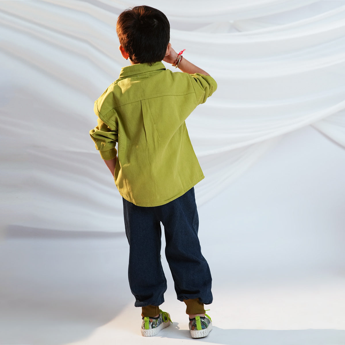 Boys Green Long Sleeves Shirt With Distress Denim Jeans Set Sets