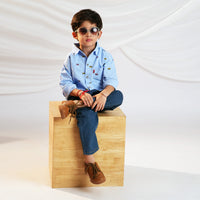 Boys Car Printed Long Sleeve Shirt With Denim Pant Set Sets Light Blue 1-2 Y