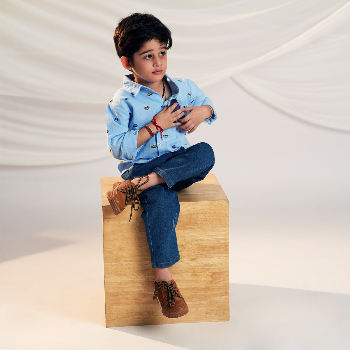 Boys Car Printed Long Sleeve Shirt With Denim Pant Set Sets
