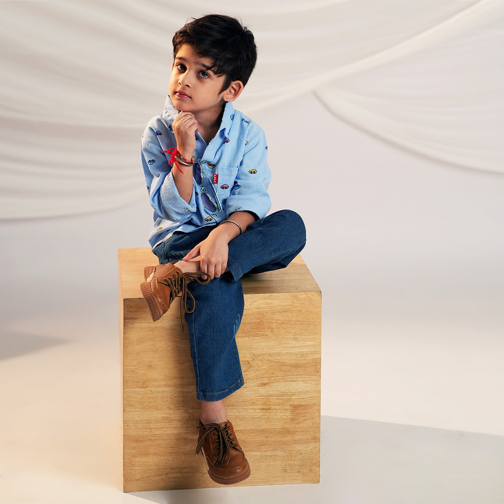 Boys Car Printed Long Sleeve Shirt With Denim Pant Set Sets