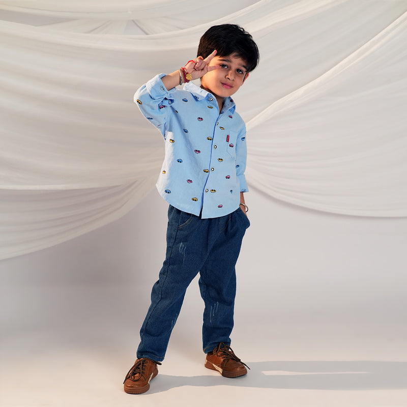 Boys Car Printed Long Sleeve Shirt With Denim Pant Set Sets