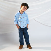 Boys Car Printed Long Sleeve Shirt With Denim Pant Set Sets
