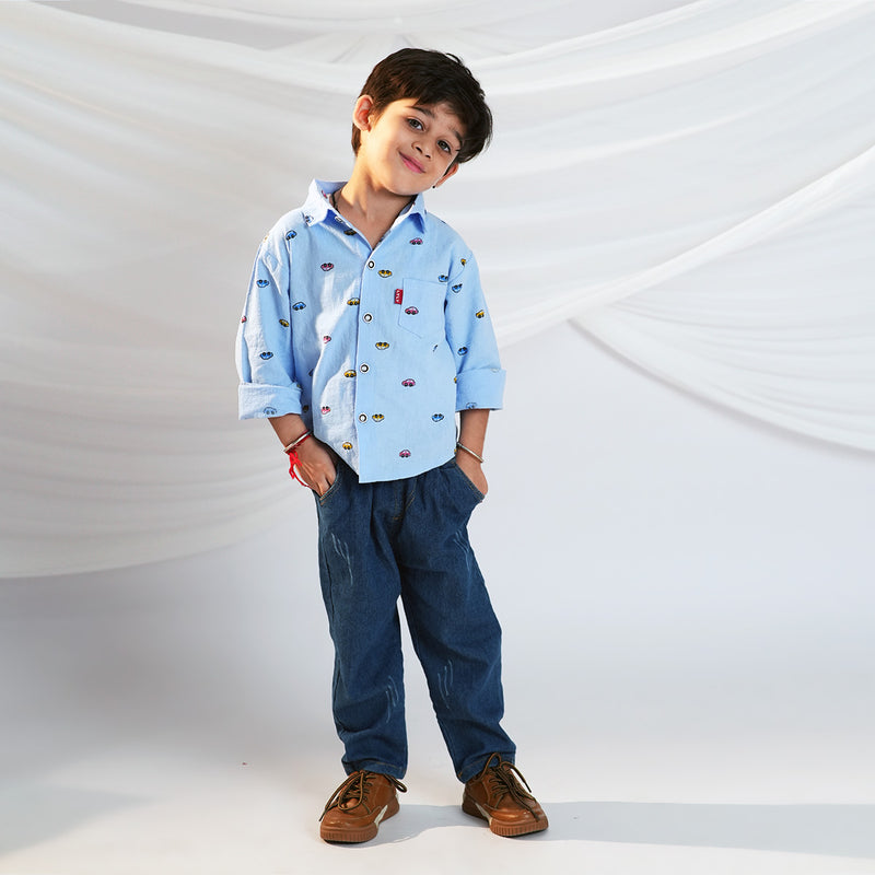 Boys Car Printed Long Sleeve Shirt With Denim Pant Set Sets