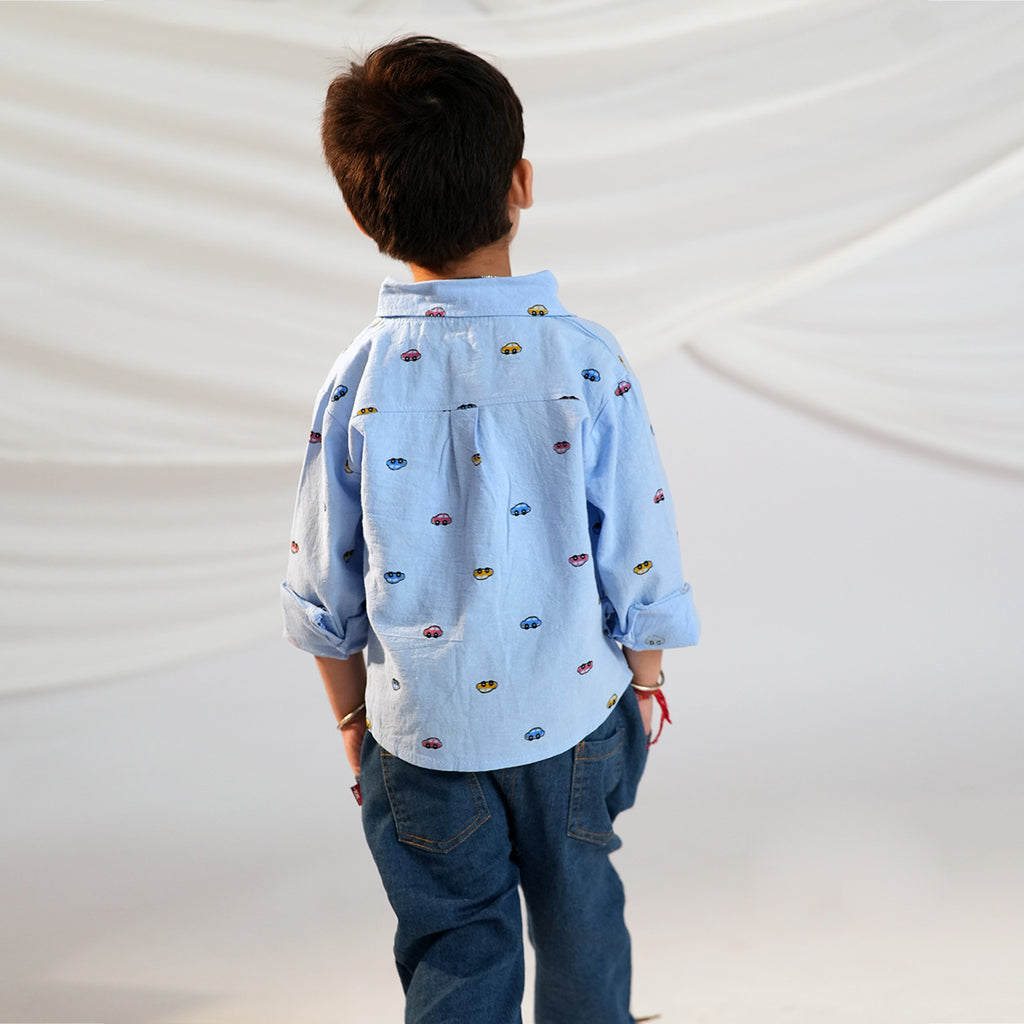 Boys Car Printed Long Sleeve Shirt With Denim Pant Set Sets