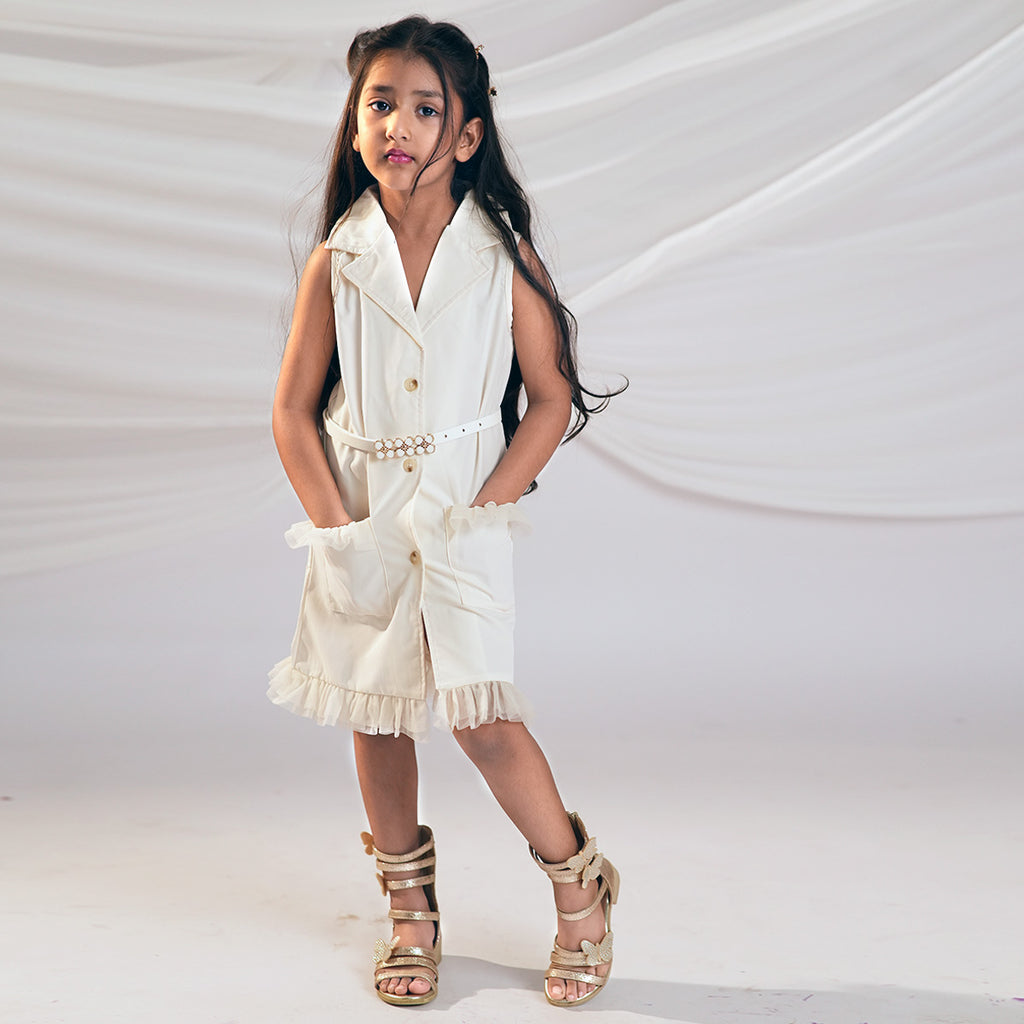 Girls Apricot Sleeveless Double Pocket Shirt Dress Casual Dresses