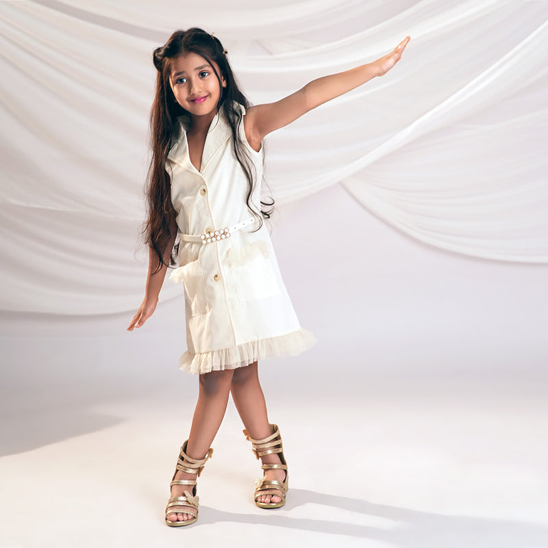 Girls Apricot Sleeveless Double Pocket Shirt Dress Casual Dresses Apricot 2-3 Y