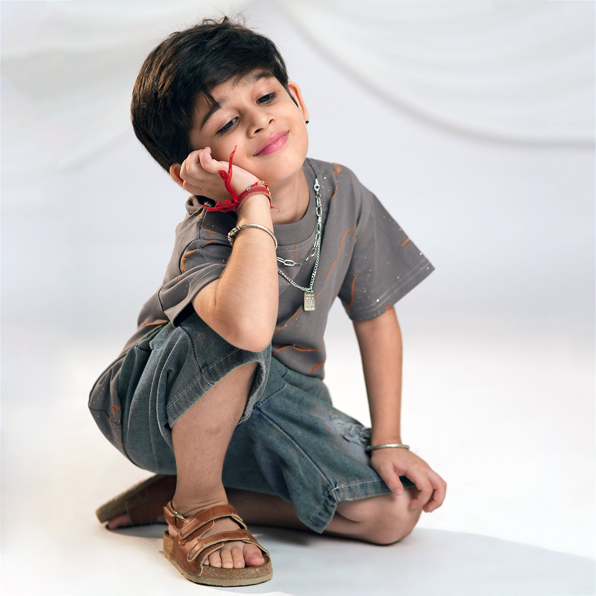 Boys Brown Printed Short Sleeve T-Shirt With Denim Shorts Set And Neck Chain 3 pc. Sets Brown 1-2 Y