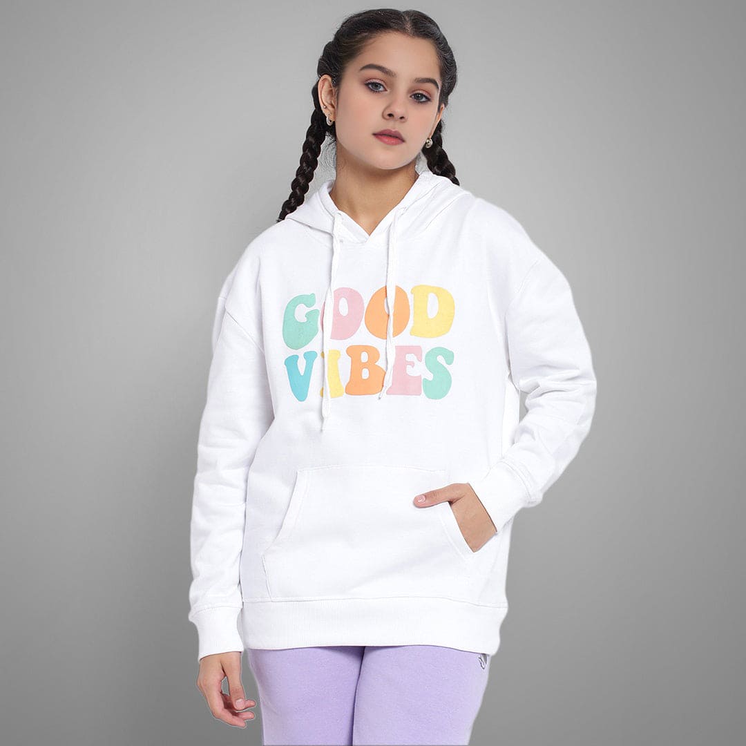 Girls Printed Full Sleeves Hooded  Sweatshirt Sweatshirts & Hoodies White 7-8 Y 