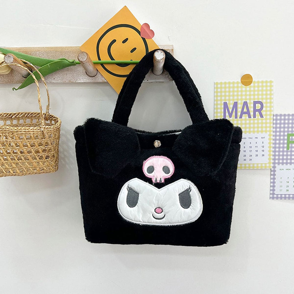 Girls Fur Fabric Hand Bag With Embroidery And Ear Accessories Black Onesize 