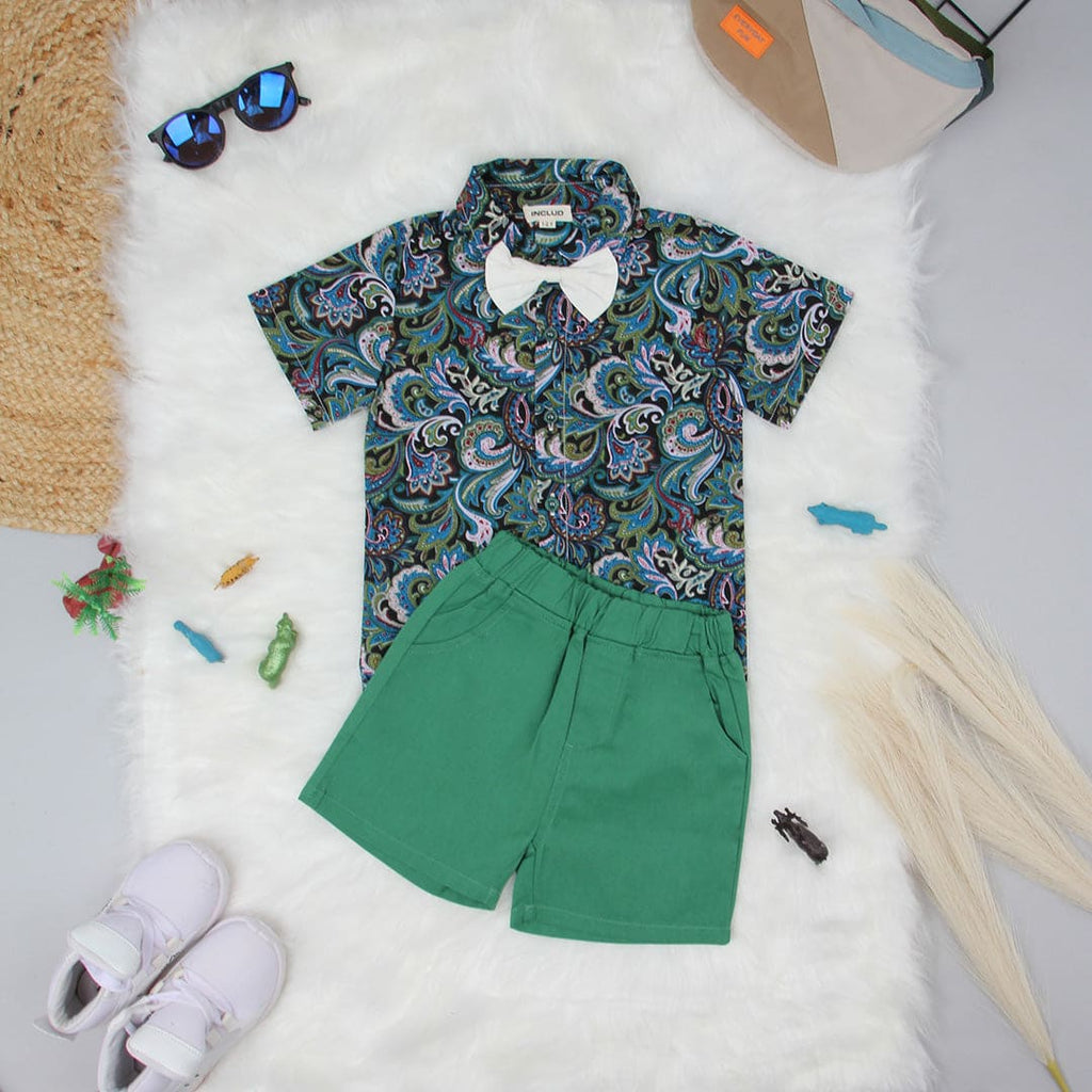 Boys Dark Green Leaf Print Shirt With Solid Shorts Casual Clothing Sets Sets Style 8 1-2 Y 