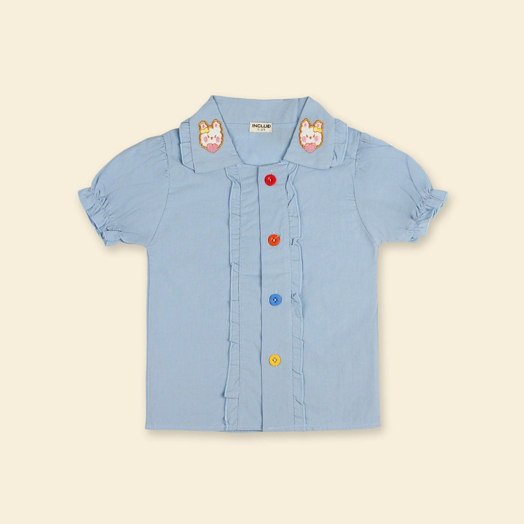 Girls Light Blue Collar Embroidery Top With Lace Bottom Shorts Sets