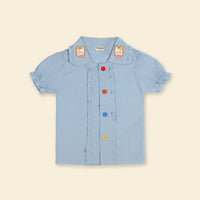 Girls Light Blue Collar Embroidery Top With Lace Bottom Shorts Sets