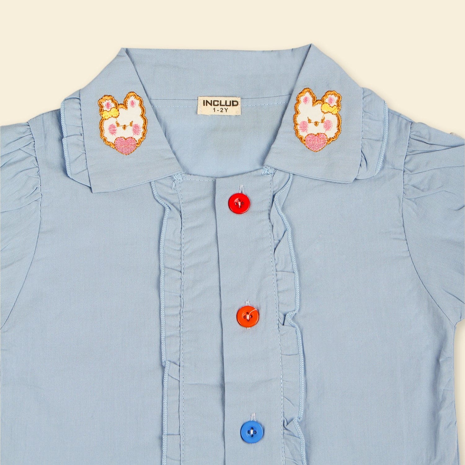 Girls Light Blue Collar Embroidery Top With Lace Bottom Shorts Sets