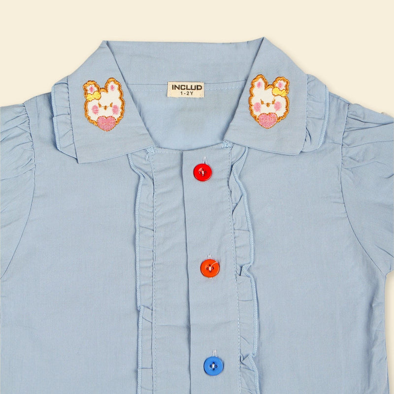 Girls Light Blue Collar Embroidery Top With Lace Bottom Shorts Sets