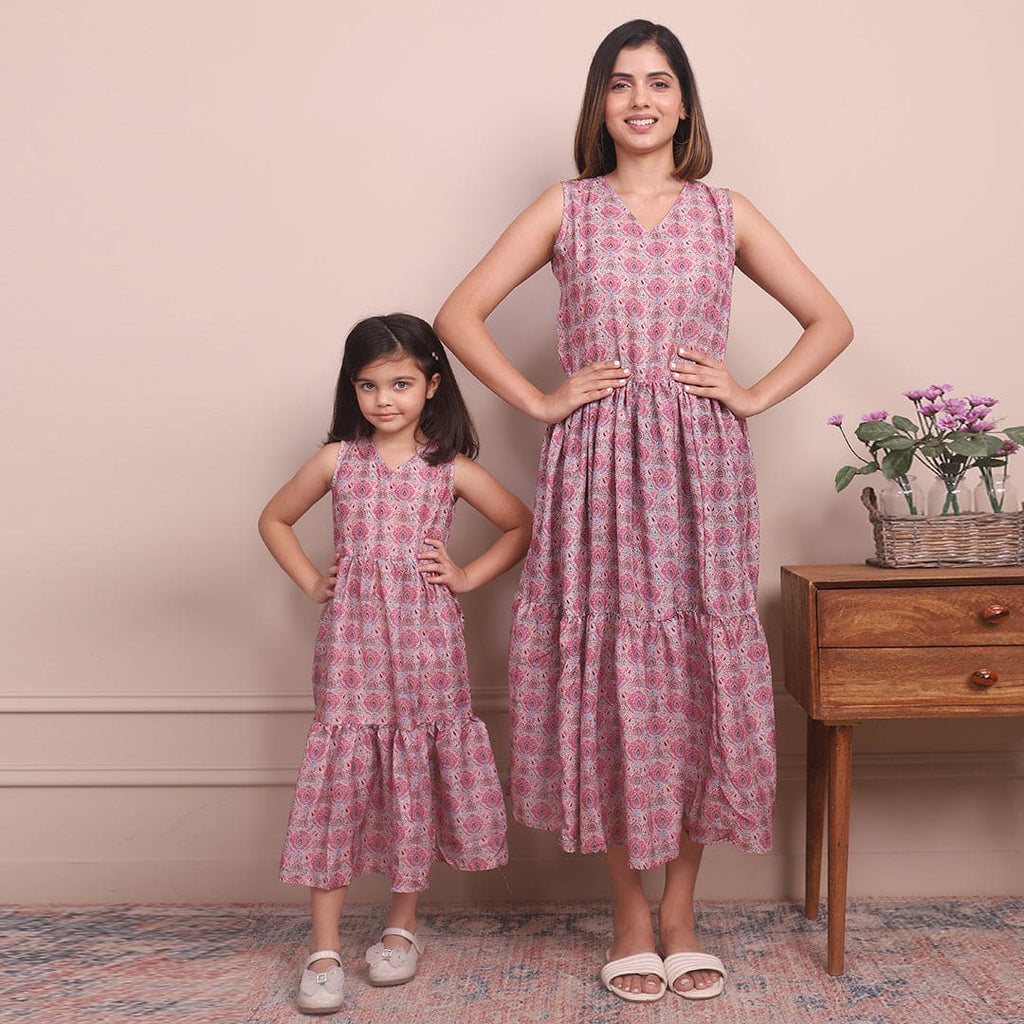 Mauve Printed Sleeveless Mom & Daughter Midi Dress Set