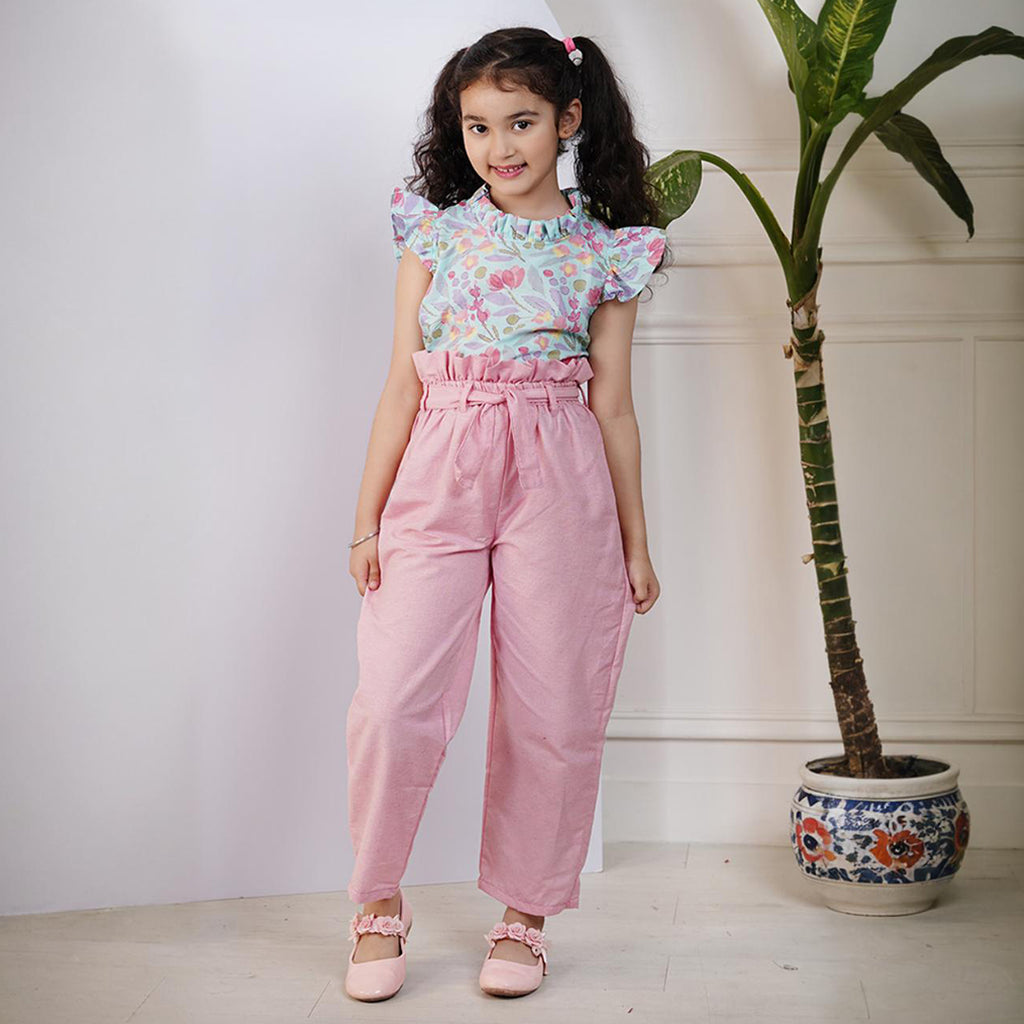 Girls Floral Printed Top with Paperbag Waist Trousers Set