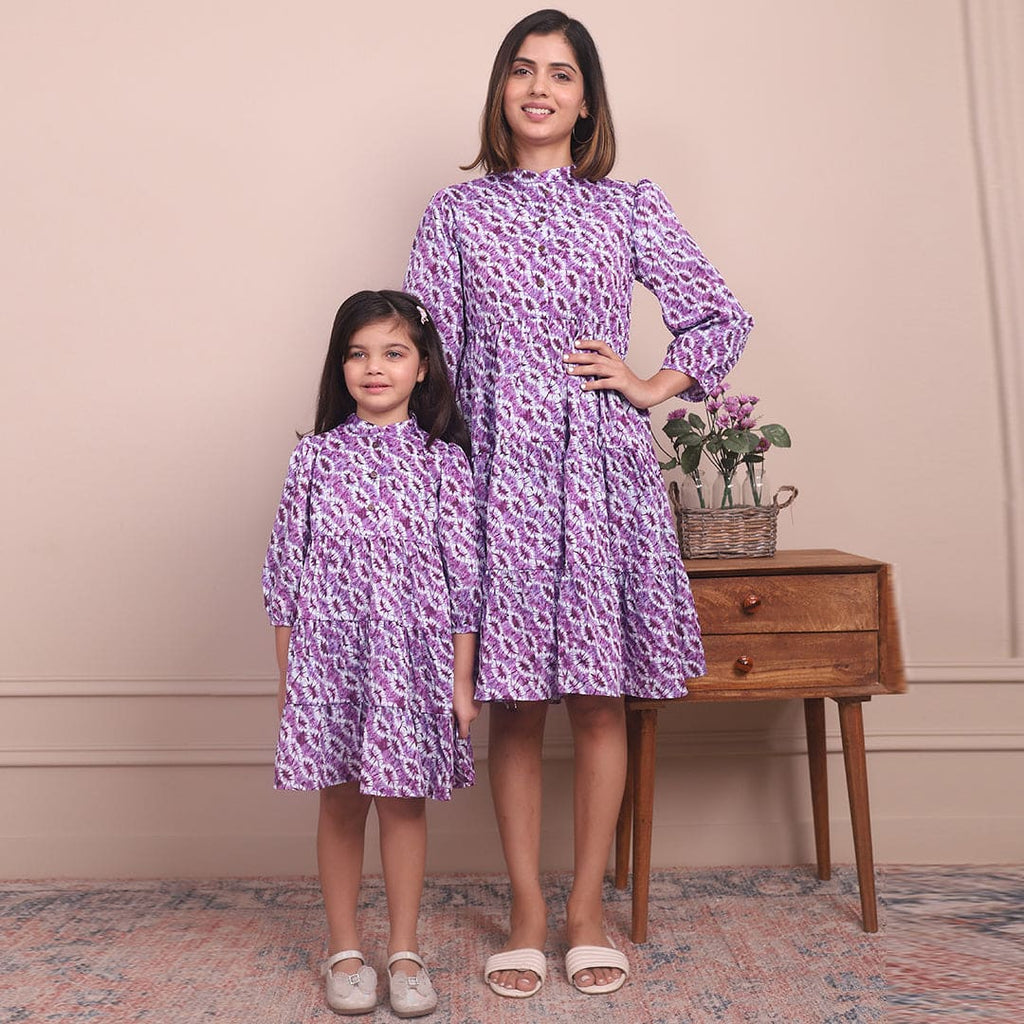 Purple Printed Collared Mom & Daughter Dress Set